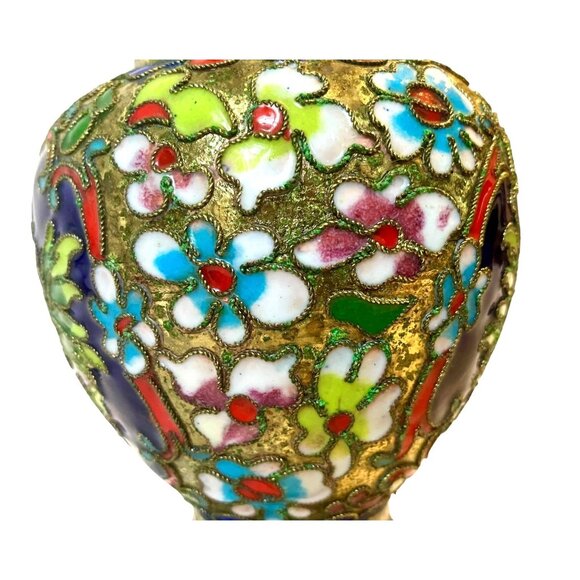 Antique Cloisonne w/ Ornate Enamel Flowers & Gold Gilding Brass Color Vase - Picture 4 of 13